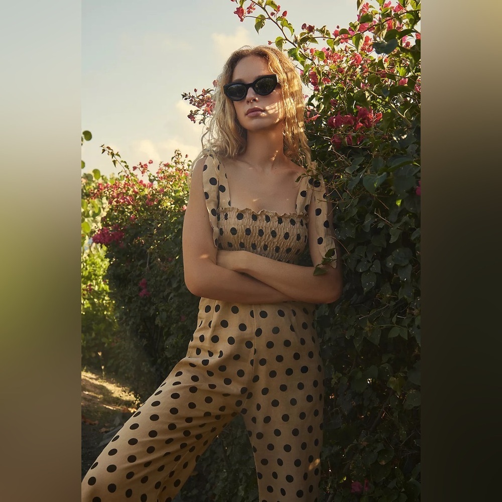 Faithful the Brand x Anthropolgie Emelda Smocked Jumpsuit in Tan/Black Polka Dot - Picture 2 of 10